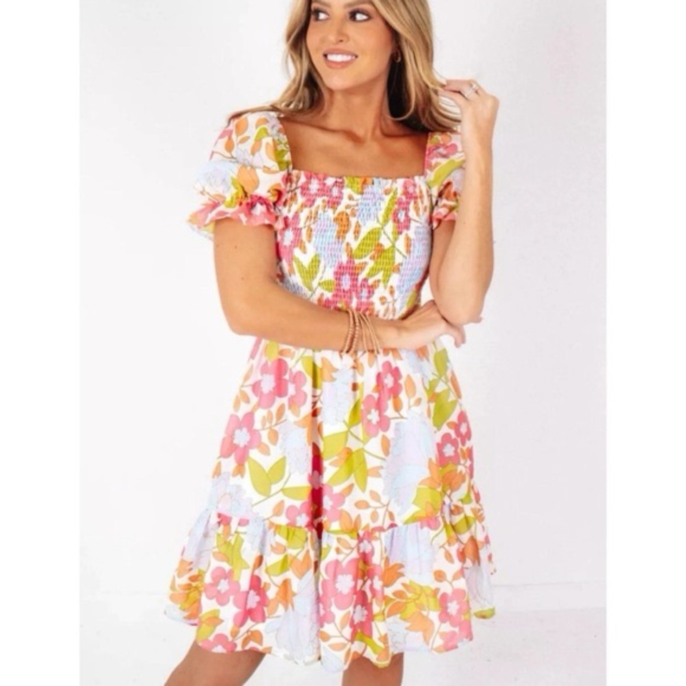 J. Marie Ava Mae Floral Square‎ Neck Babydoll Dress Large Smocked Puff